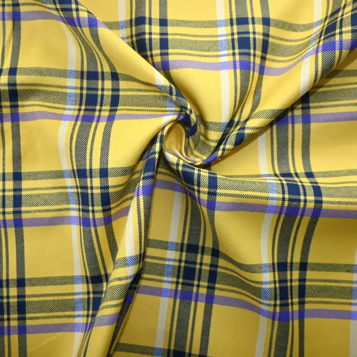 India Fabric for Shirt Yarn Dyed Check Synthetic Woven Fabric POLYESTER COTTON Yellow Check color buy from India wholesaler bulk order at wholesale price free worldwide shipping Alibaba