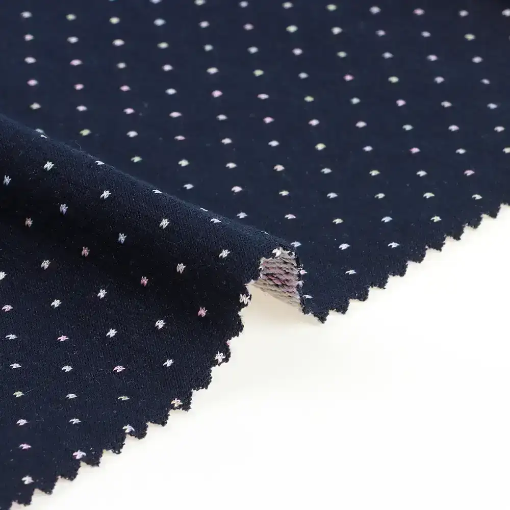 China Fabric for Blouse,Hoodie,Loungewear French Terry Knit Fabric Polyester Cotton Spandex Navy with Space dye dot color buy from China wholesaler bulk order at wholesale price free worldwide shipping Alibaba