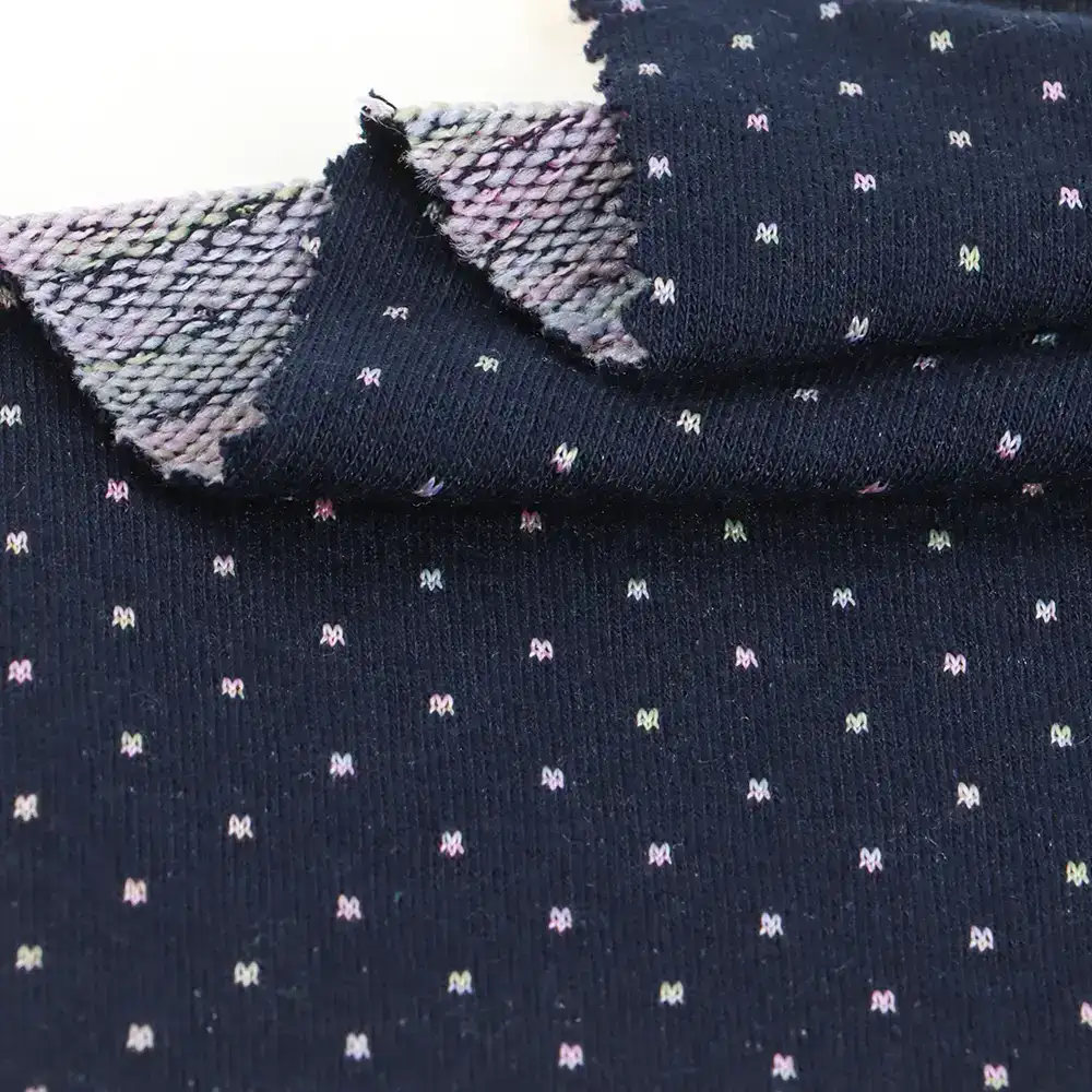 China Fabric for Blouse,Hoodie,Loungewear French Terry Knit Fabric Polyester Cotton Spandex Navy with Space dye dot color buy from China wholesaler bulk order at wholesale price free worldwide shipping Alibaba