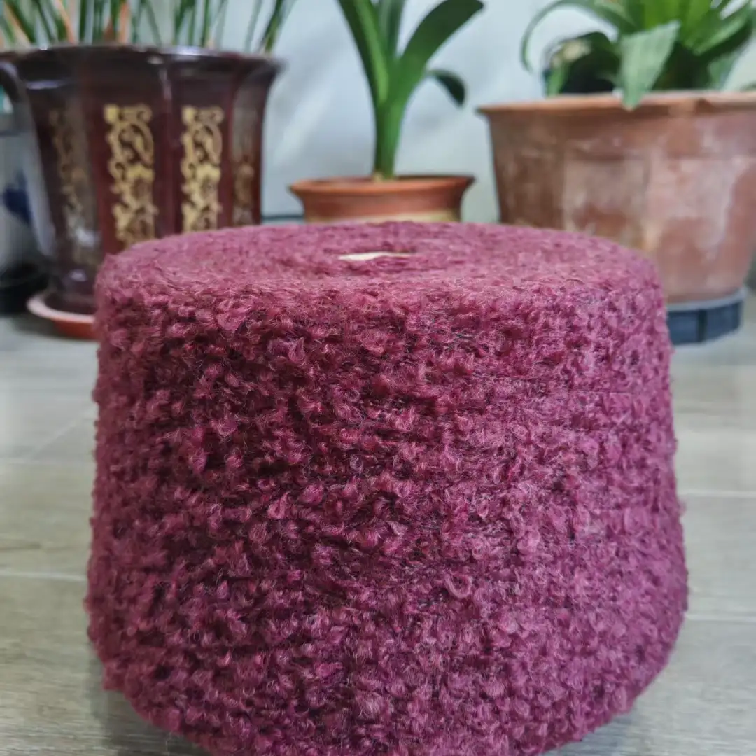 China Yarn for Open Cardigan (Sweater),Full-Zipper Cardigan (Sweater),Half-Zipper Cardigan (Sweater) Boucle Yarn Fancy Yarn Recycled Polyester Polyester Acrylic Wool Spandex purple color buy from China wholesaler bulk order at wholesale price free worldwide shipping Alibaba