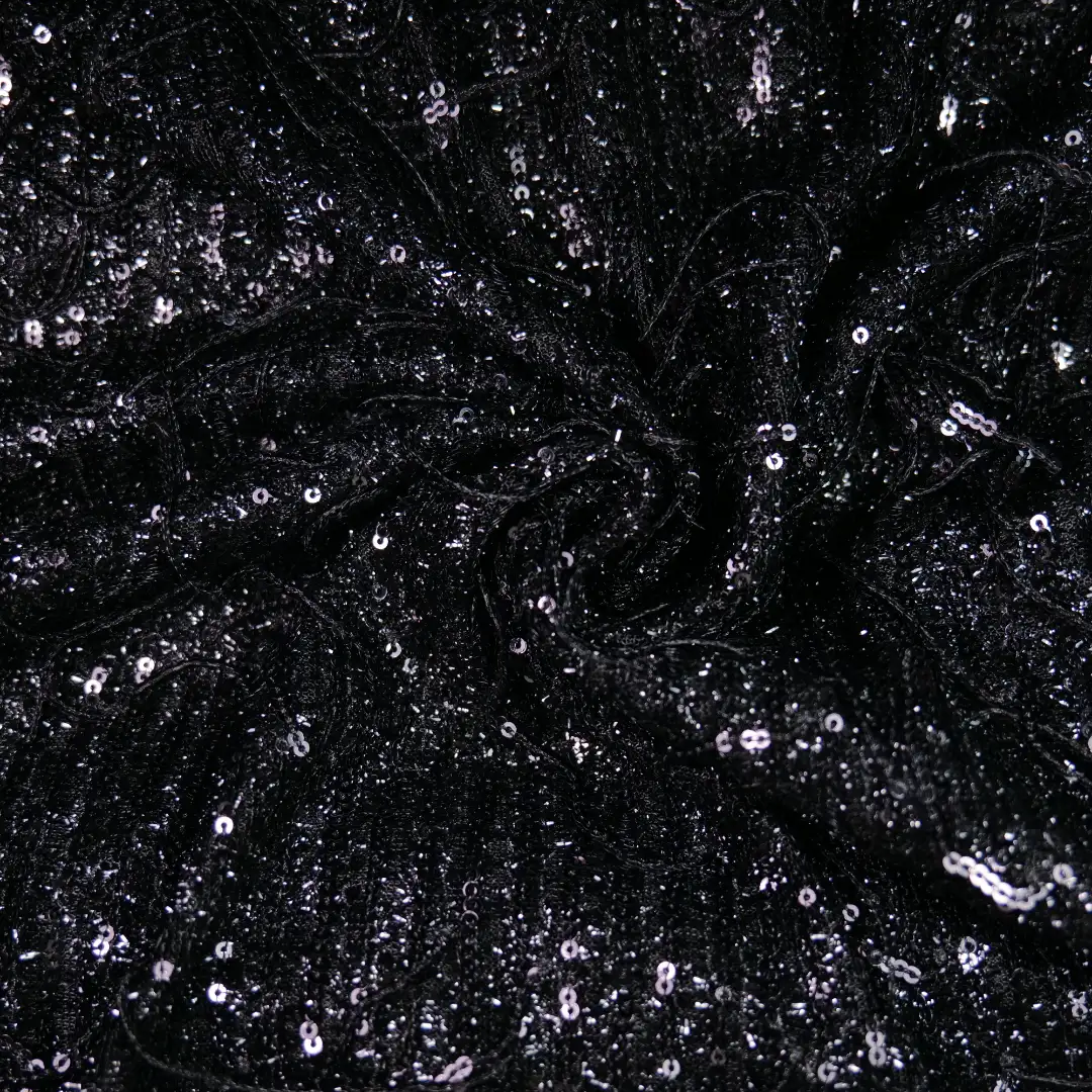 China Fabric for Skirt  Sequined Mesh Fabric Knit Fabric Polyester Spandex Black color buy from China wholesaler bulk order at wholesale price free worldwide shipping Alibaba