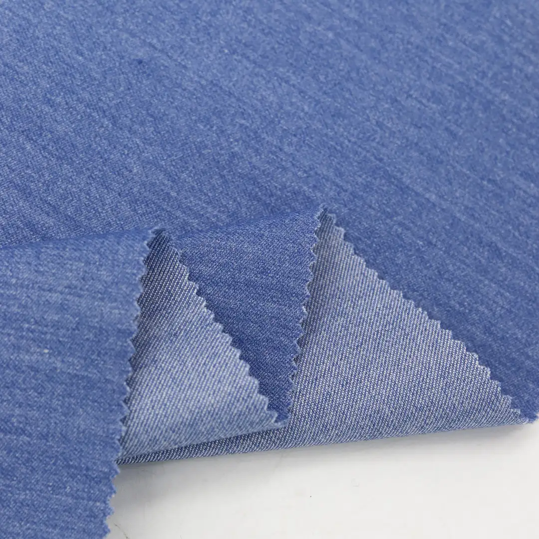 China Fabric for Over Shirt Knit Denim Look Woven Blended Fabric Polyester Rayon Spandex blue color buy from China wholesaler bulk order at wholesale price free worldwide shipping Alibaba