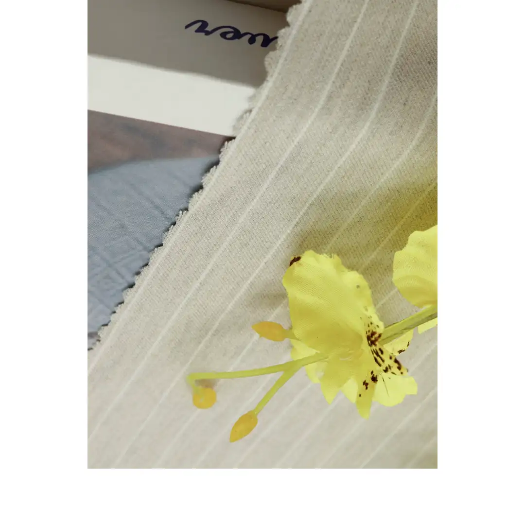 China Fabric for Pants,Blazer,Suit Yarn Dyed Stripe Woven Blended Fabric Nylon Rayon Spandex Beige color buy from China wholesaler bulk order at wholesale price free worldwide shipping Alibaba