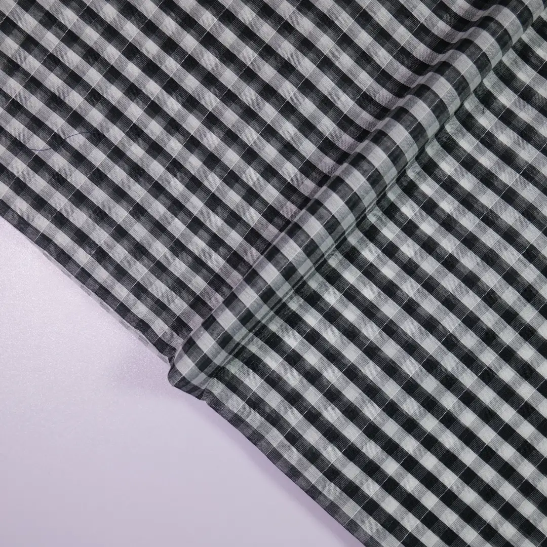 China Fabric for Shirt,Blouse,Crop Top,Skirt,Dresses (Cardigan Button) ,Skirt  Yarn Dyed Check Woven Blended Fabric Silk Polyester Cotton Black color buy from China wholesaler bulk order at wholesale price free worldwide shipping Alibaba