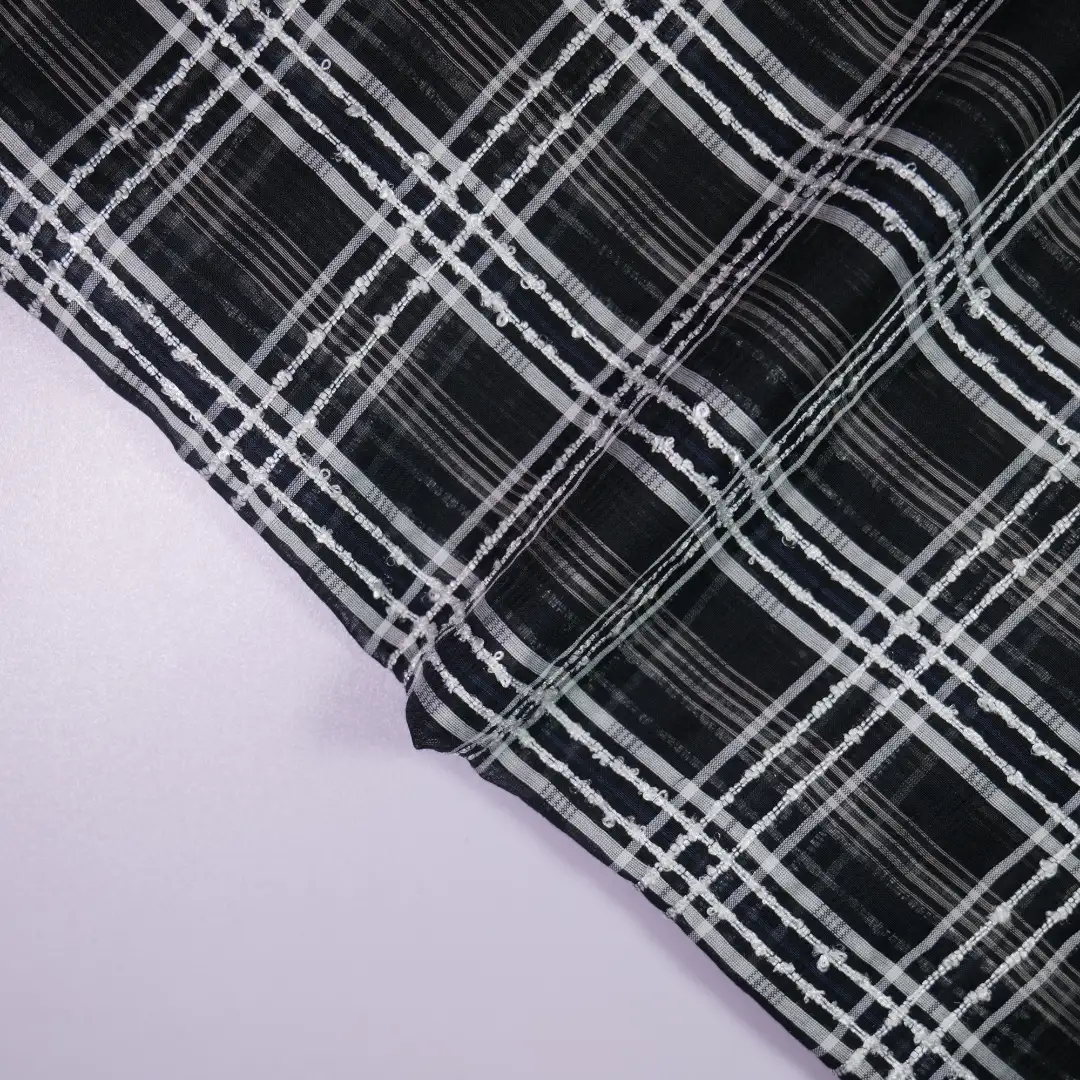 China Fabric for Shirt,Blouse,Crop Top,Skirt,Dresses (Pullover)  Yarn Dyed Check Woven Blended Fabric Silk Polyester Cotton Black color buy from China wholesaler bulk order at wholesale price free worldwide shipping Alibaba