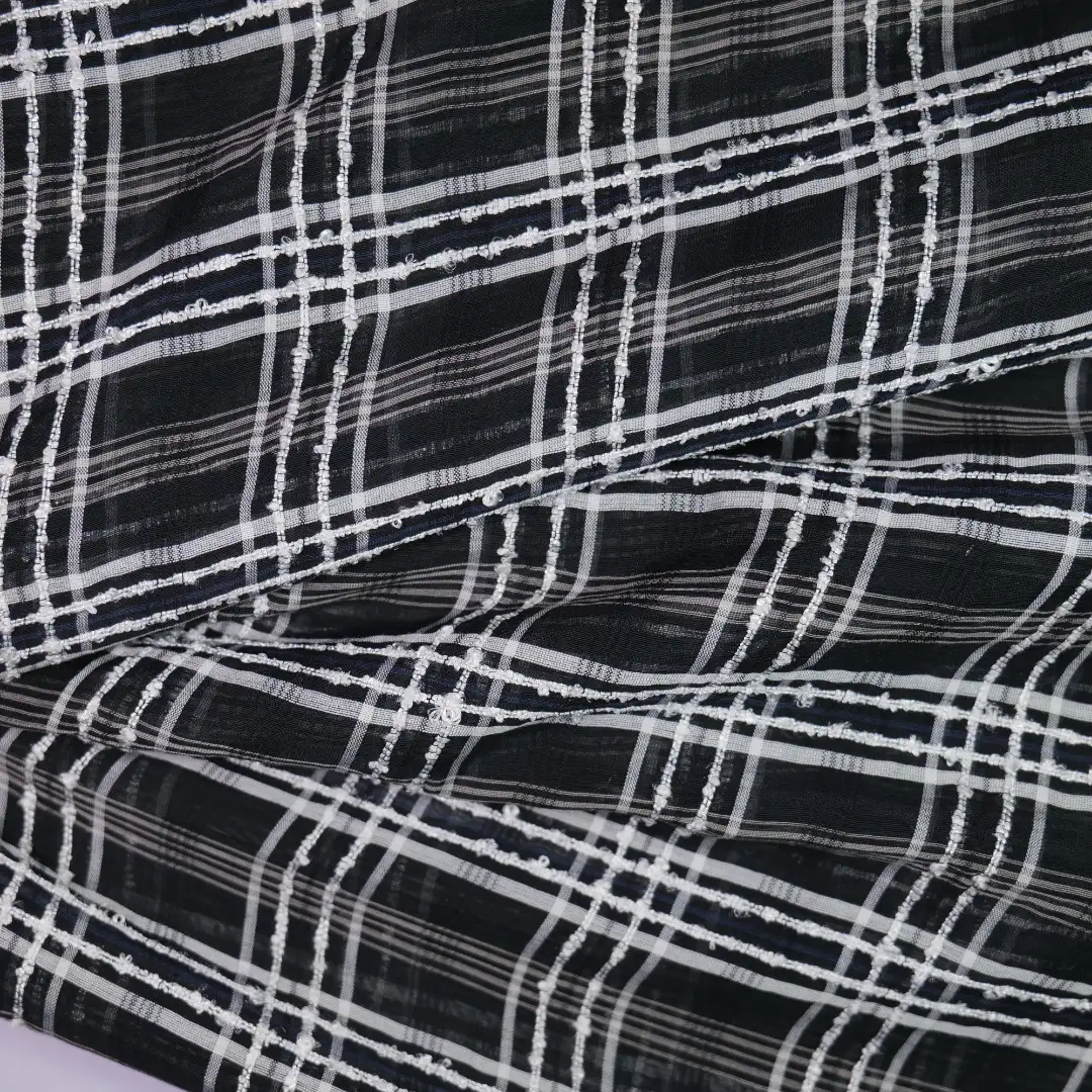 China Fabric for Shirt,Blouse,Crop Top,Skirt,Dresses (Pullover)  Yarn Dyed Check Woven Blended Fabric Silk Polyester Cotton Black color buy from China wholesaler bulk order at wholesale price free worldwide shipping Alibaba