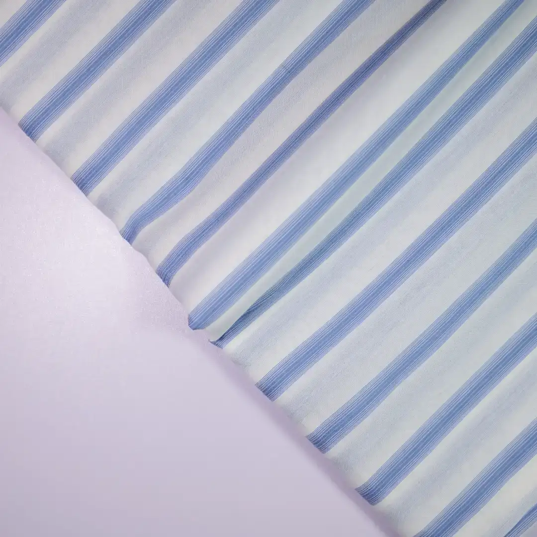 China Fabric for Shirt,Blouse,Crop Top Yarn Dyed Stripe Woven Blended Fabric Cotton Silk Blue color buy from China wholesaler bulk order at wholesale price free worldwide shipping Alibaba