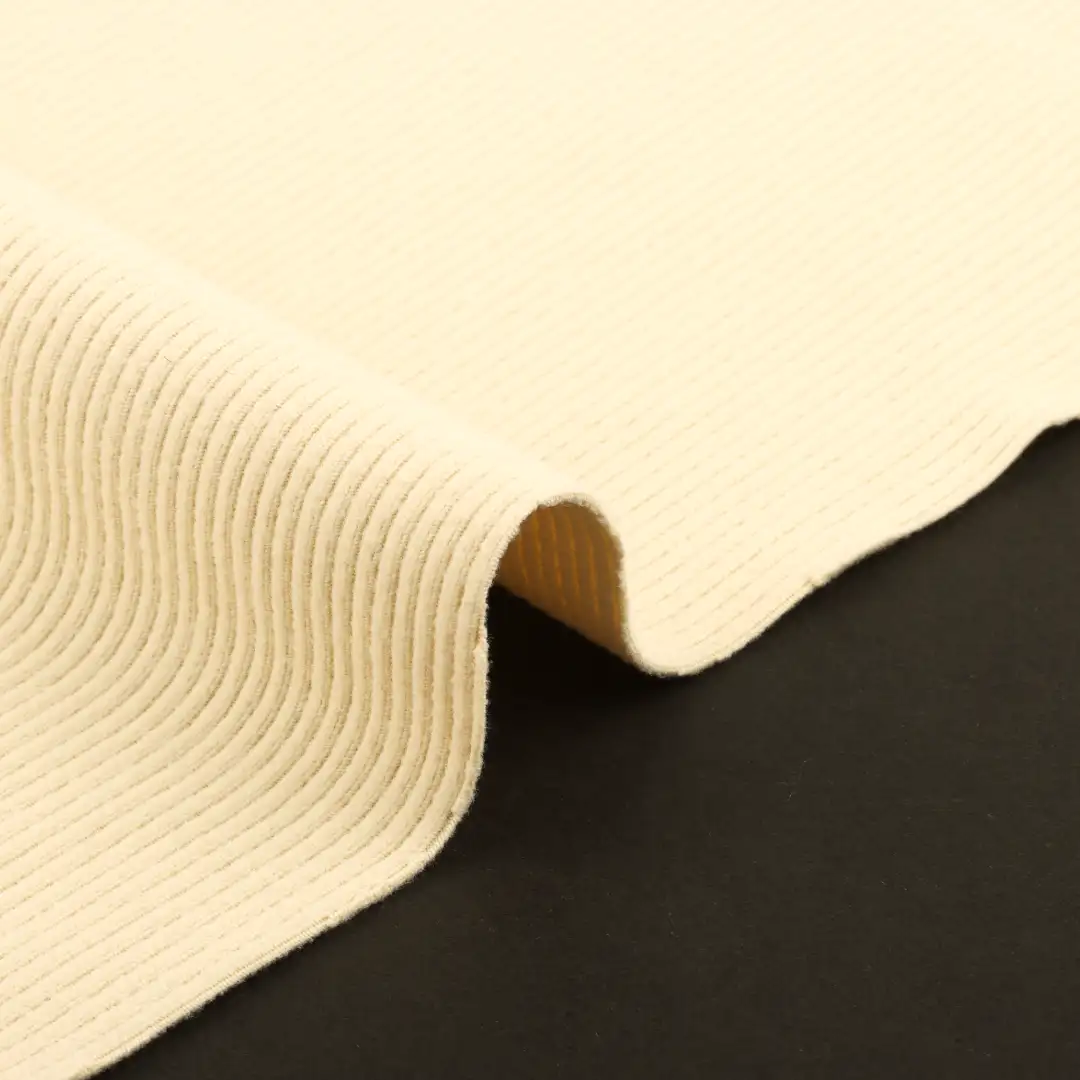 China Fabric for Pants,T-Shirt,Open Cardigan (Sweater),Dresses (Cardigan Button) (Sweater),Skirt (Sweater) Rib Knit Fabric Polyester Spandex Cream color buy from China wholesaler bulk order at wholesale price free worldwide shipping Alibaba