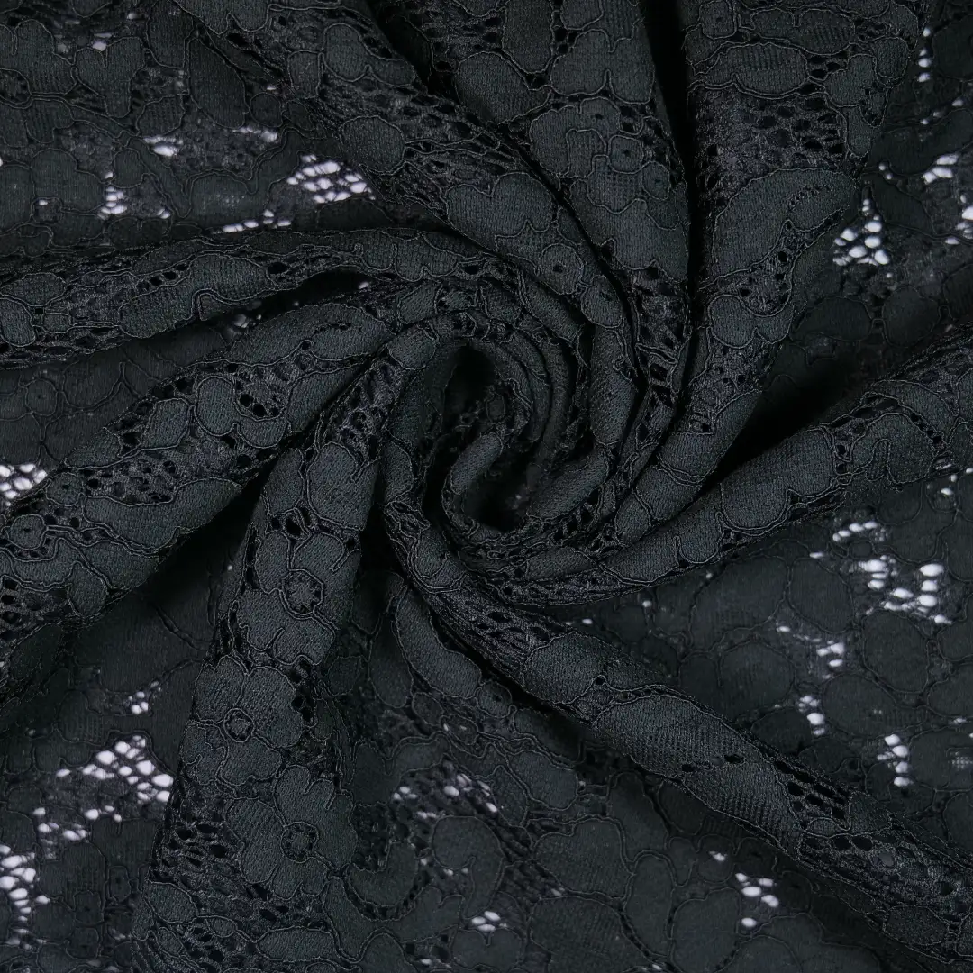 China Fabric for Gathered Strappy Mini Dress,Backless Beach Dress,Puffball Strappy Dress Lace Knit Fabric Cotton Nylon Rayon BLACK color buy from China wholesaler bulk order at wholesale price free worldwide shipping Alibaba