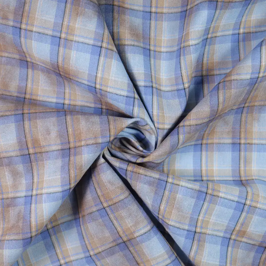 China Fabric for Shirt,Big Pockets Shirt Dress,Stand Collar Double-Breasted Shirt Yarn Dyed Check Woven Blended Fabric Cotton Rayon blue coffee color buy from China wholesaler bulk order at wholesale price free worldwide shipping Alibaba