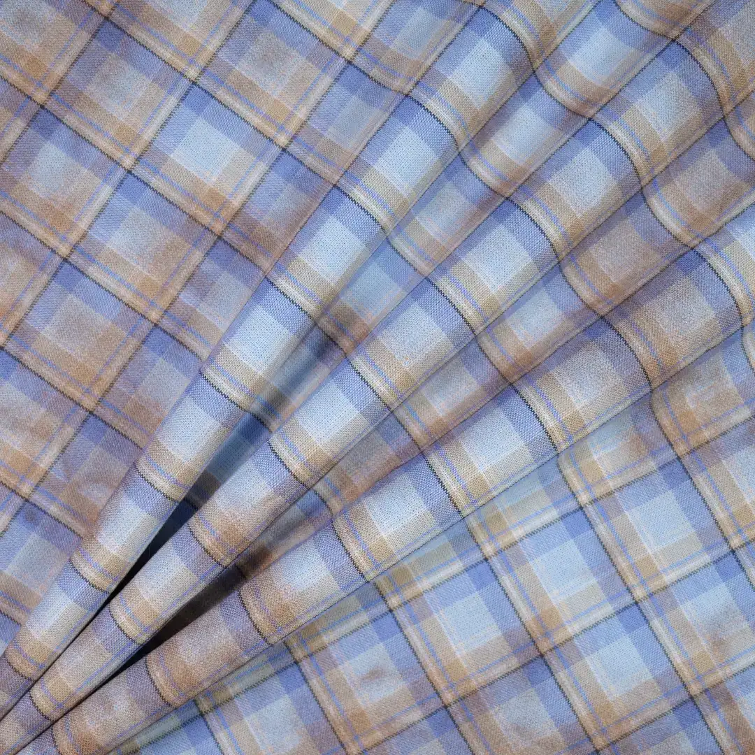 China Fabric for Shirt,Big Pockets Shirt Dress,Stand Collar Double-Breasted Shirt Yarn Dyed Check Woven Blended Fabric Cotton Rayon blue coffee color buy from China wholesaler bulk order at wholesale price free worldwide shipping Alibaba