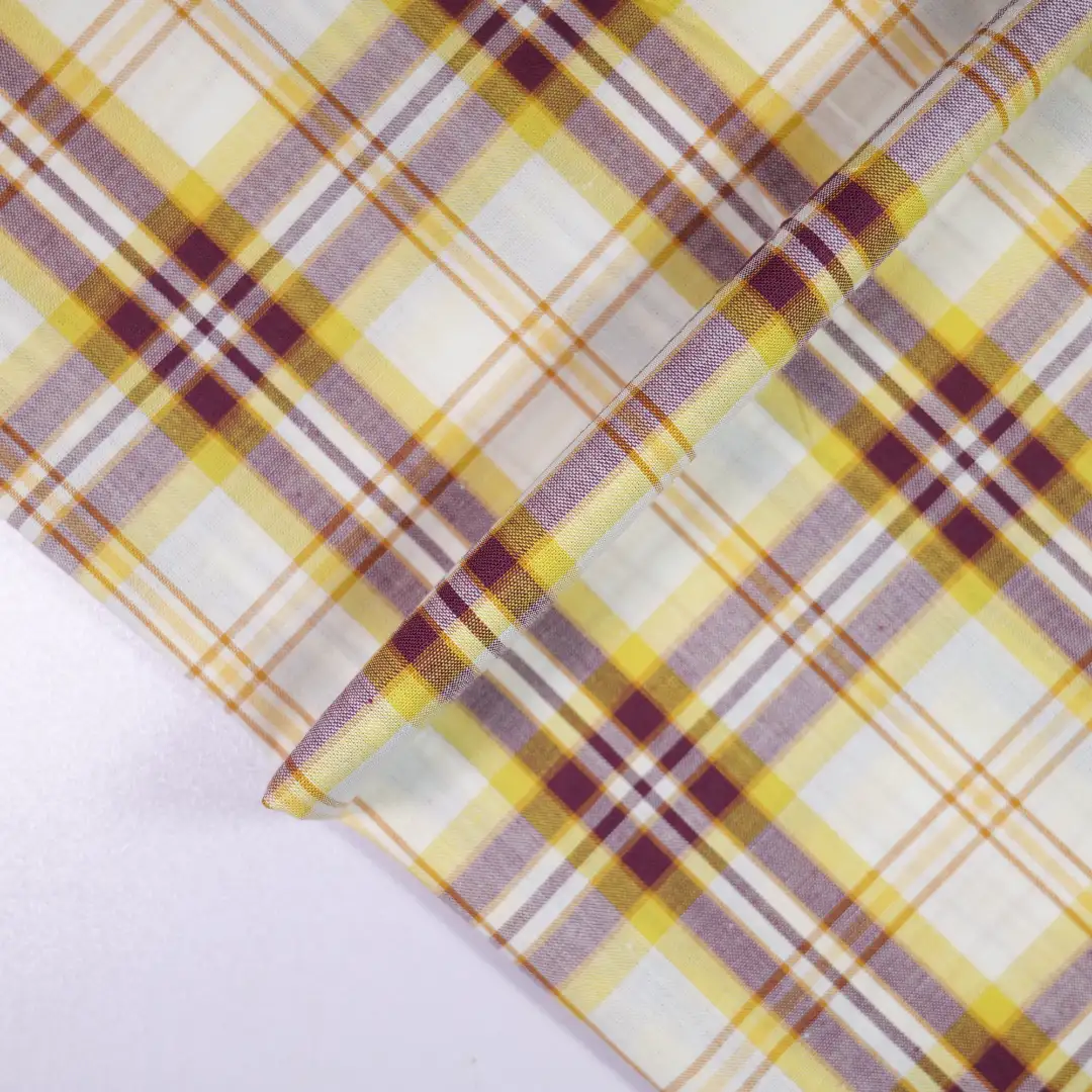 China Fabric for Shirt,Casual Long Sleeve Crop Shirt,Cropped V-Neck Shirt Yarn Dyed Check Natural Woven Fabric Cotton yellow white purple color buy from China wholesaler bulk order at wholesale price free worldwide shipping Alibaba
