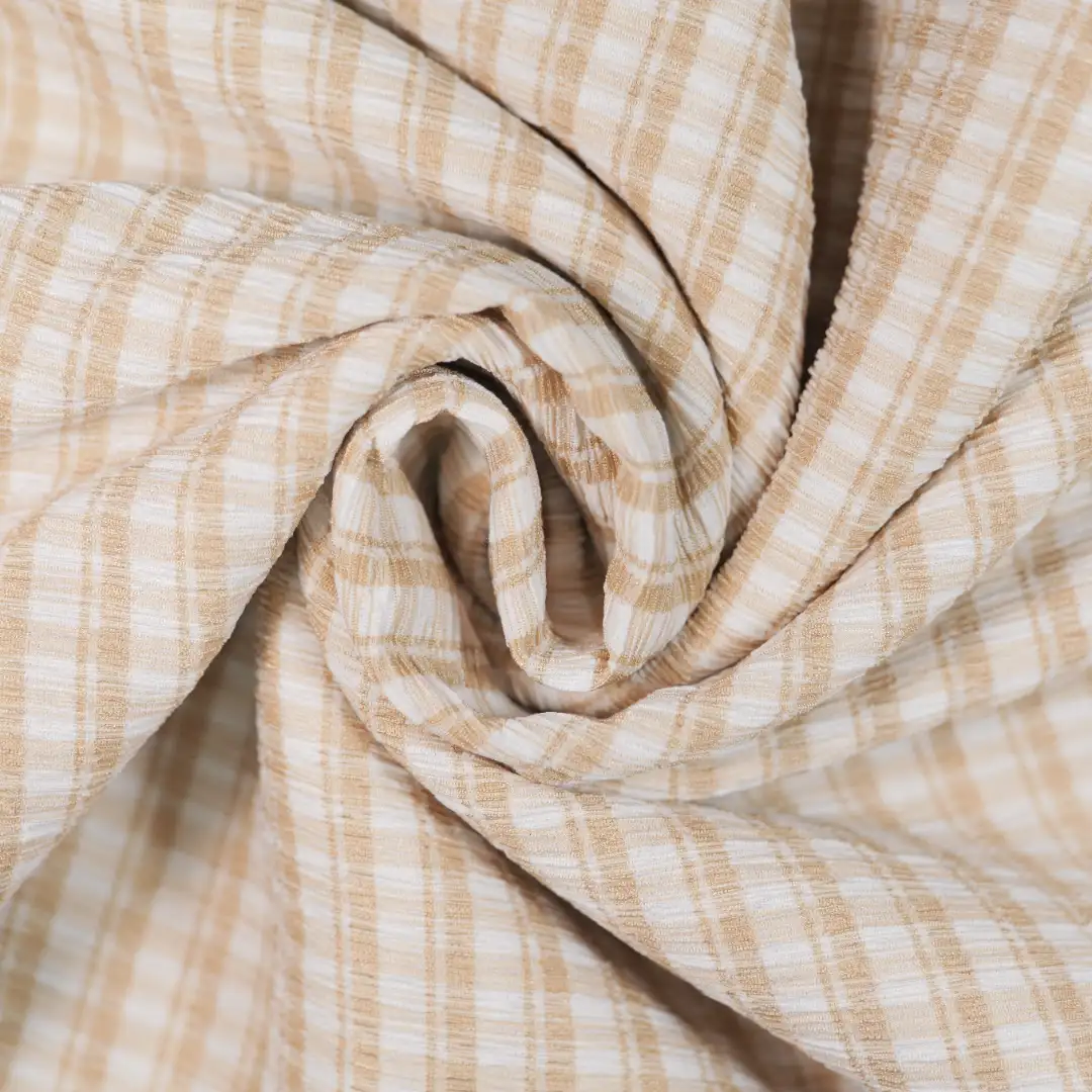 China Fabric for Shirt,Crop Top,Girls Flared-Sleeve Maxi Dress Yarn-dyed fabric Knit Fabric Polyester Spandex khaki color buy from China wholesaler bulk order at wholesale price free worldwide shipping Alibaba