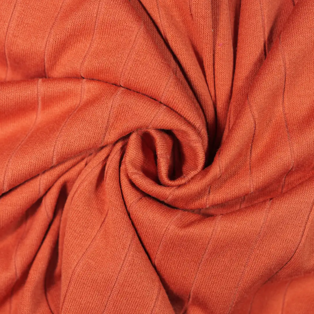 China Fabric for Loungewear,Casual Long Sleeve Crop Shirt,Irregular Cami,Kids Peter Pan Collar Dress Rib Knit Fabric Polyester Recycled Spandex orange color buy from China wholesaler bulk order at wholesale price free worldwide shipping Alibaba
