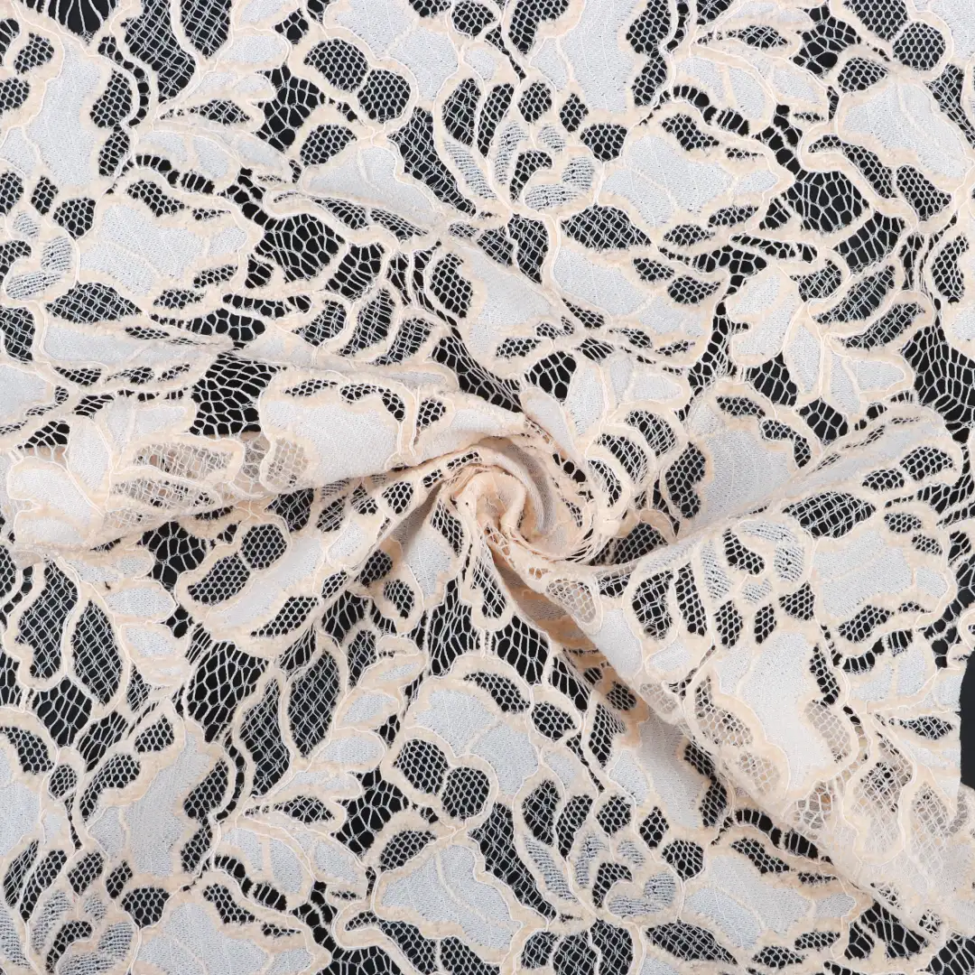 China Fabric for Tank Top,Crop Top,Lingerie,Skirt Lace Knit Fabric Nylon Polyester white、black、orange and Light peach、purple、navy、date red、Light peach color buy from China wholesaler bulk order at wholesale price free worldwide shipping Alibaba