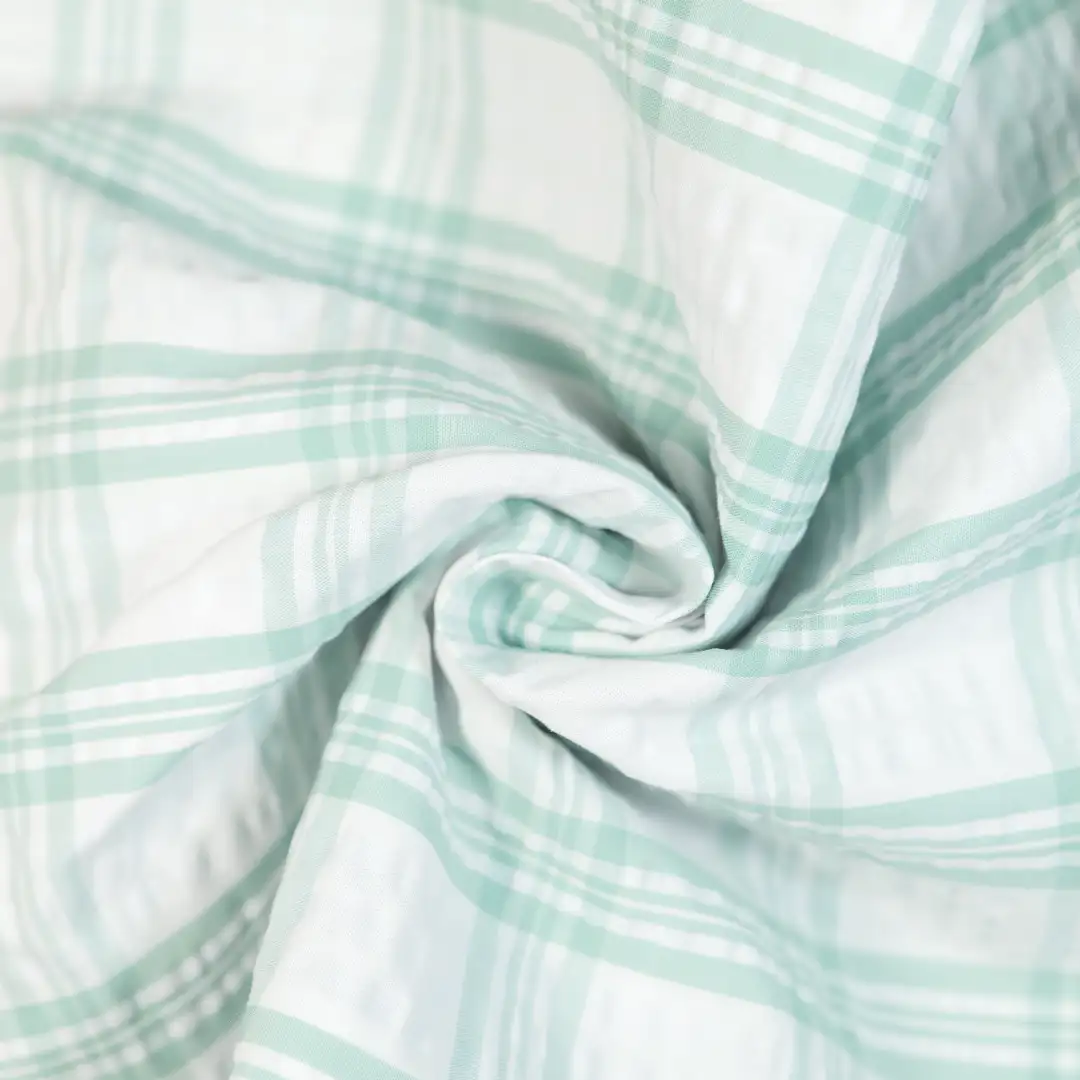 China Fabric for Shirt,Skirt,Backless Beach Dress Yarn Dyed Check Woven Blended Fabric Cotton Polyester GREEN WHITE color buy from China wholesaler bulk order at wholesale price free worldwide shipping Alibaba