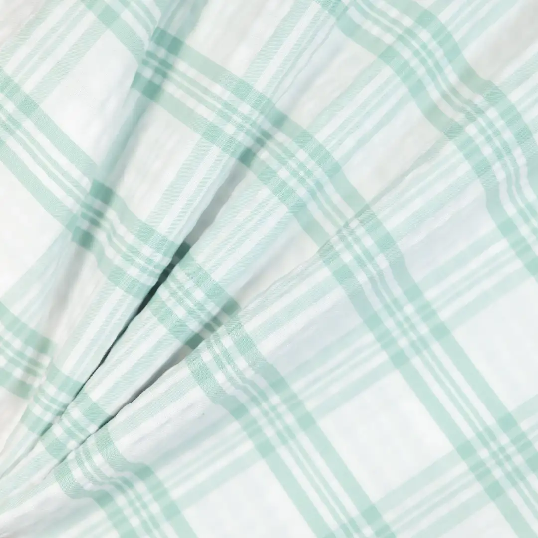 China Fabric for Shirt,Skirt,Backless Beach Dress Yarn Dyed Check Woven Blended Fabric Cotton Polyester GREEN WHITE color buy from China wholesaler bulk order at wholesale price free worldwide shipping Alibaba
