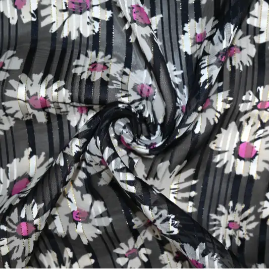 India Fabric for Blouse Polyester Lurex Stripe Print Synthetic Woven Fabric Polyester Lurex Sunflower Print color buy from India wholesaler bulk order at wholesale price free worldwide shipping Alibaba