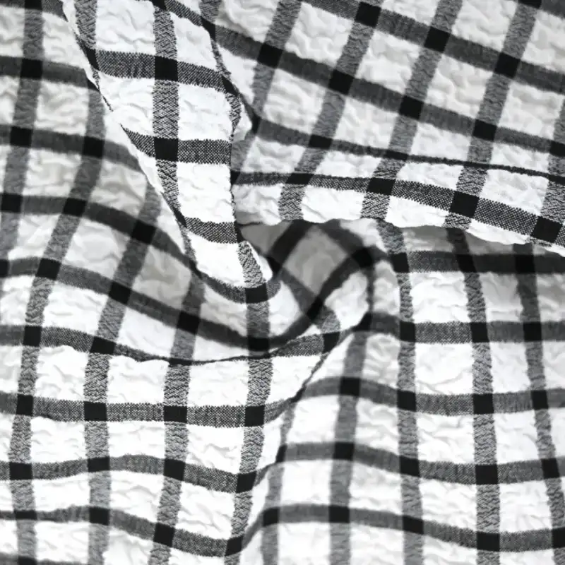 India Fabric for Shirt,Pants,Blouse Polyester Seersucker Synthetic Woven Fabric Polyester Black/White Check color buy from India wholesaler bulk order at wholesale price free worldwide shipping Alibaba