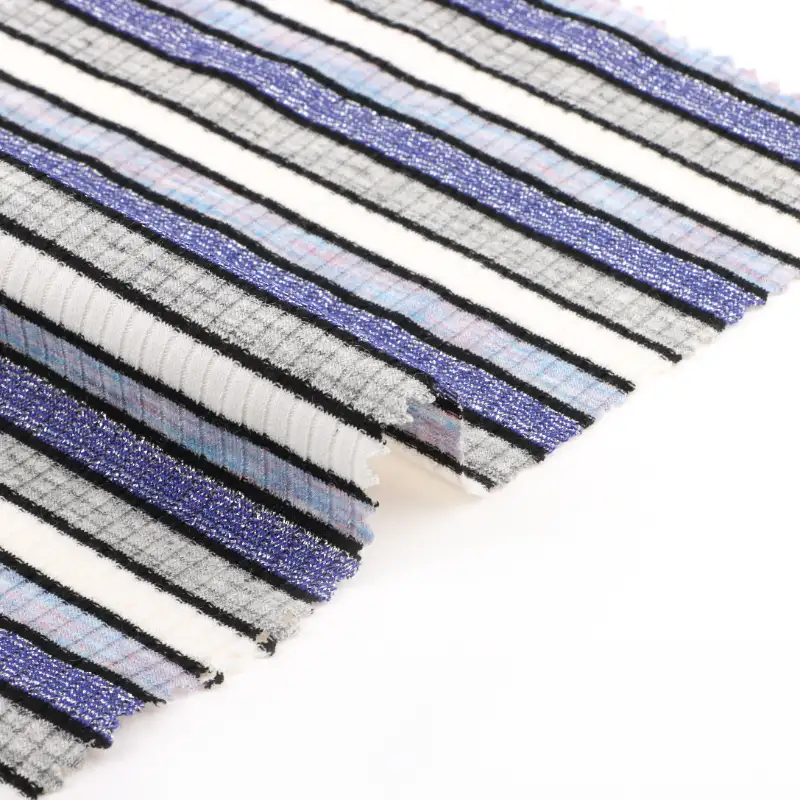China Fabric for Crop Top,Half-Zipper Cardigan ,Dresses (Cardigan Open) ,Dresses (Cardigan Button)  Rib Knit Fabric Viscose Polyester Lurex Spandex Blue, white and grey color buy from China wholesaler bulk order at wholesale price free worldwide shipping Alibaba