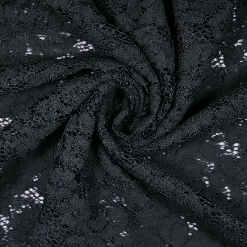 China Fabric for Gathered Strappy Mini Dress,Backless Beach Dress,Puffball Strappy Dress Lace Knit Fabric Cotton Nylon Rayon BLACK color buy from China wholesaler bulk order at wholesale price free worldwide shipping Alibaba