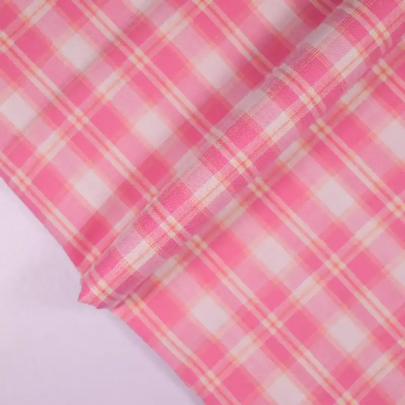 China Fabric for Shirt,Tier Midi Shirt Dress,V-Neck Short Sleeve Shirt V Yarn Dyed Check Natural Woven Fabric Cotton pink -white-yellow color buy from China wholesaler bulk order at wholesale price free worldwide shipping Alibaba